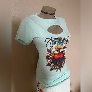 Y2k Mint Blue Affliction Fitted Tee with Cutout & Skull Tattoo Design